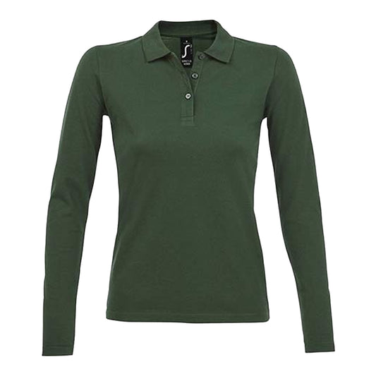 Bottle Green - Front - SOLS Womens-Ladies Perfect Pique Long-Sleeved Polo Shirt