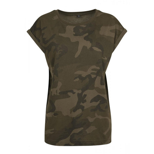Olive Camo - Front - Build Your Brand Womens-Ladies Camo Extended Shoulder T-Shirt