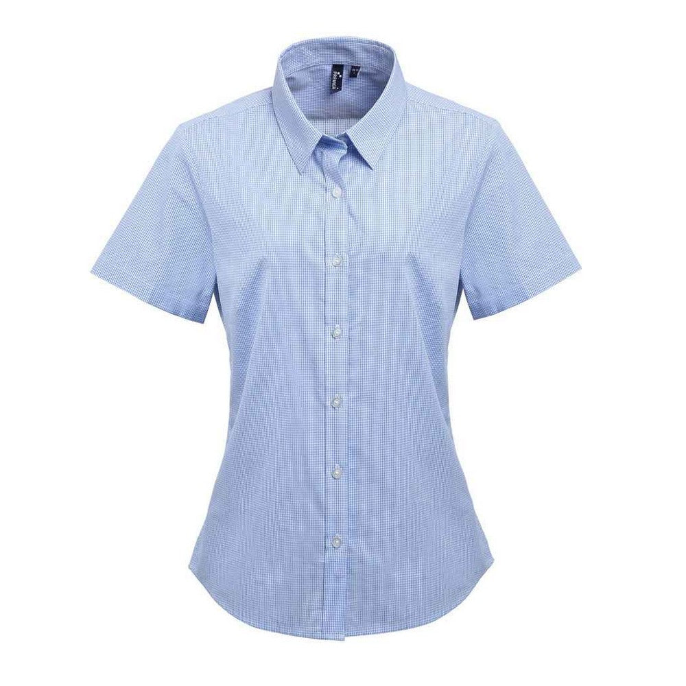 Light Blue-White - Front - Premier Womens-Ladies Micro Gingham Check Cotton Short-Sleeved Shirt