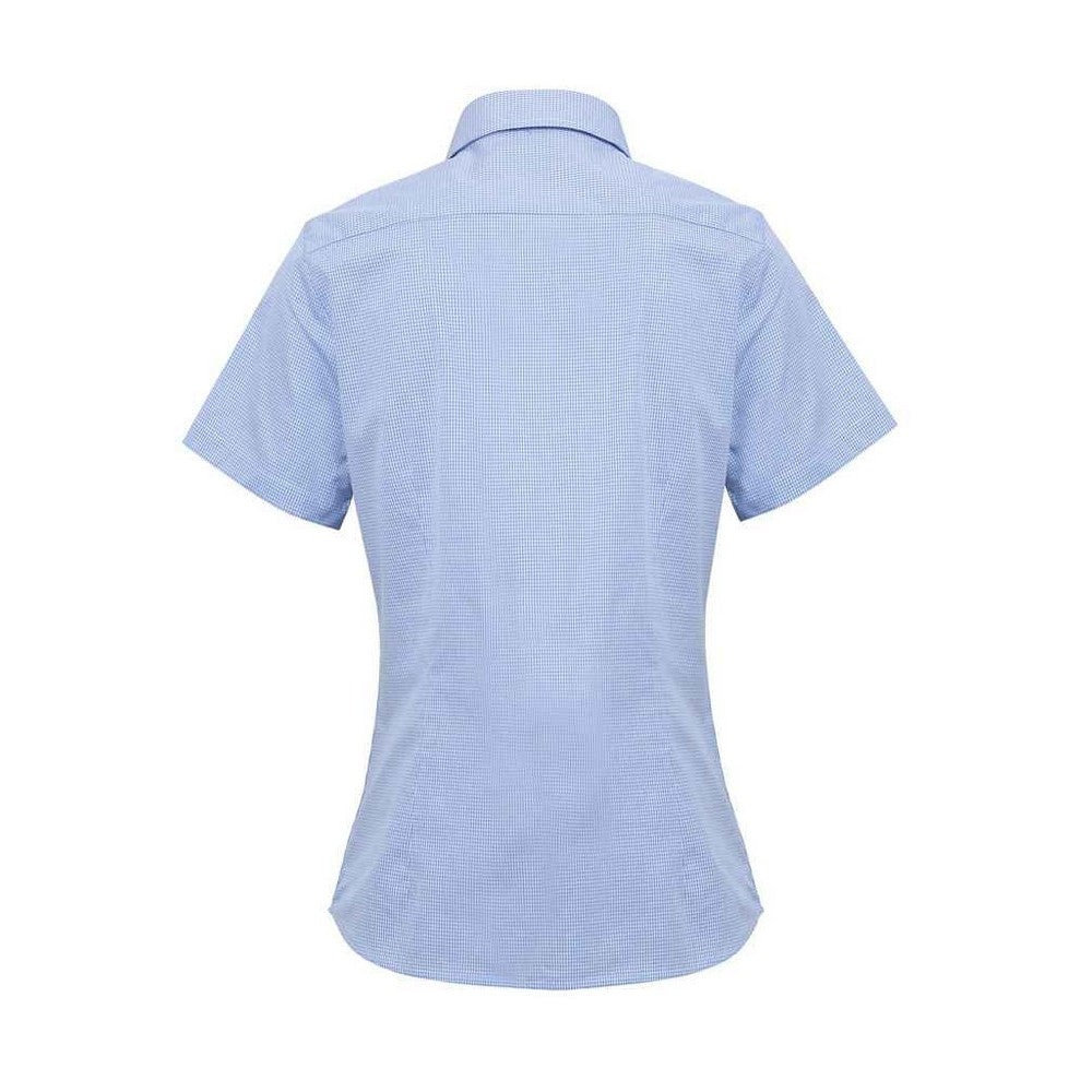Light Blue-White - Back - Premier Womens-Ladies Micro Gingham Check Cotton Short-Sleeved Shirt