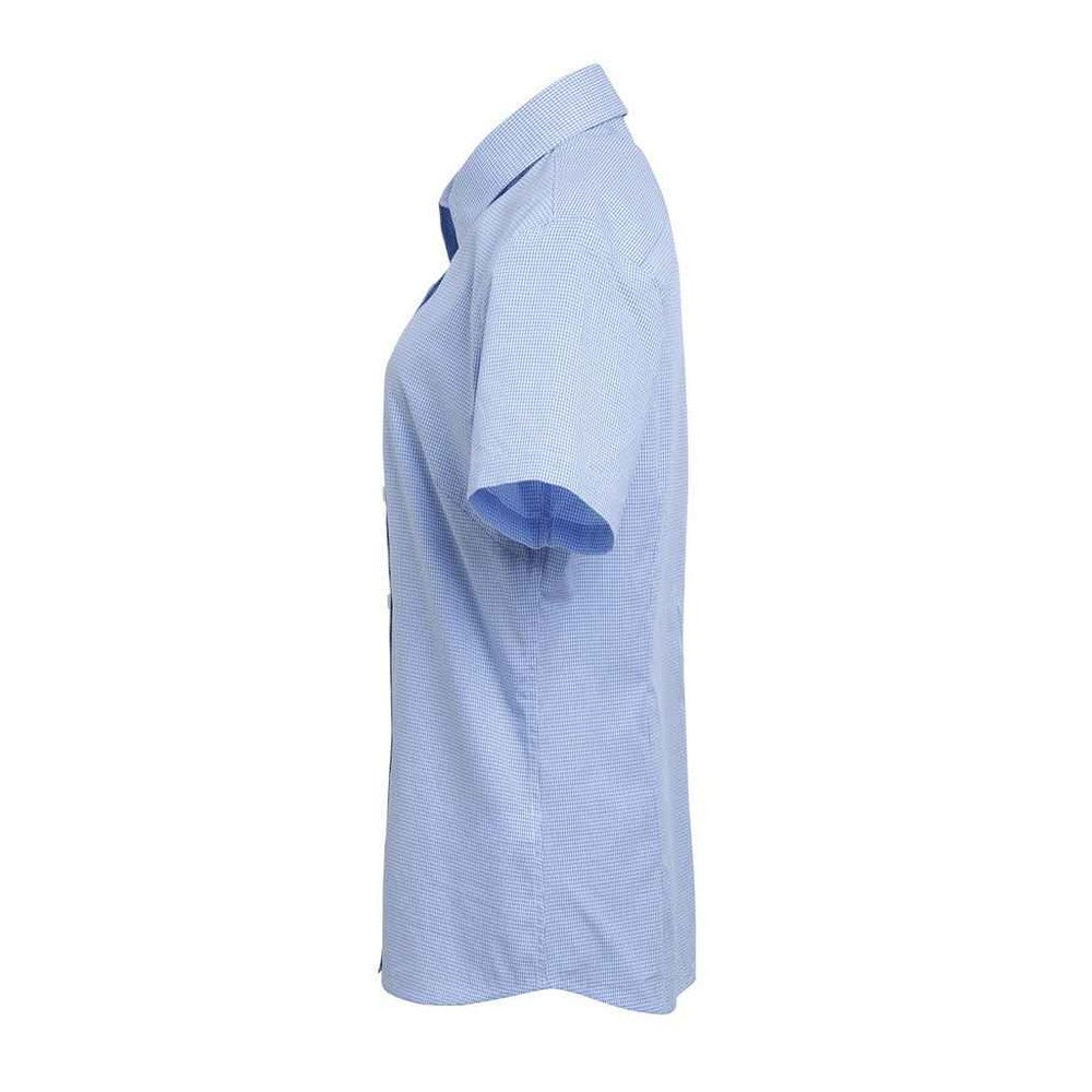 Light Blue-White - Side - Premier Womens-Ladies Micro Gingham Check Cotton Short-Sleeved Shirt
