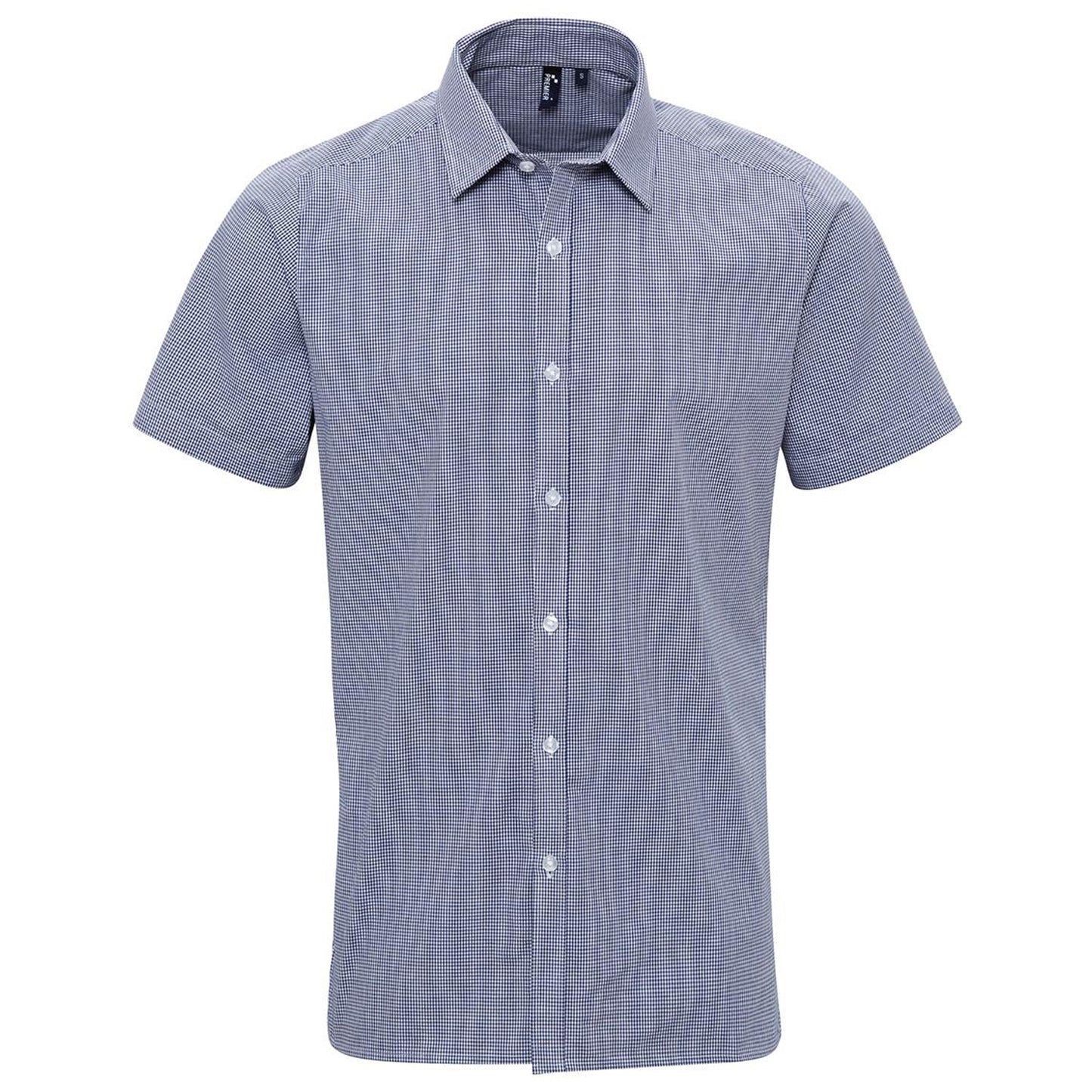 Navy-White - Front - Premier Mens Micro Gingham Check Cotton Short-Sleeved Shirt