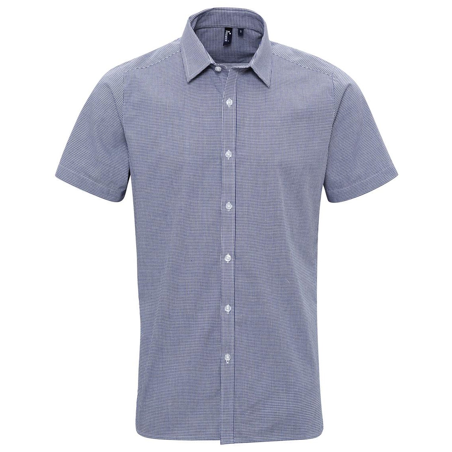 Navy-White - Front - Premier Mens Micro Gingham Check Cotton Short-Sleeved Shirt