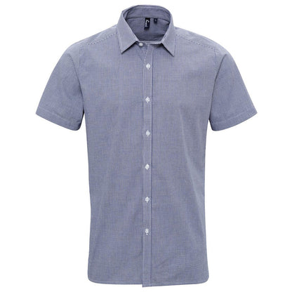 Navy-White - Front - Premier Mens Micro Gingham Check Cotton Short-Sleeved Shirt