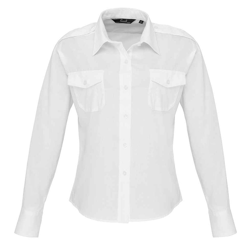 White - Front - Premier Womens-Ladies Long-Sleeved Pilot Shirt