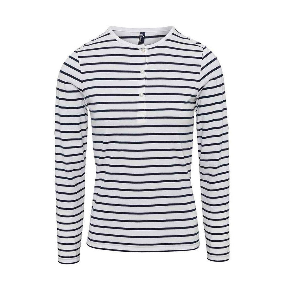 White-Navy - Front - Premier Womens-Ladies Long John Roll Sleeve T-Shirt
