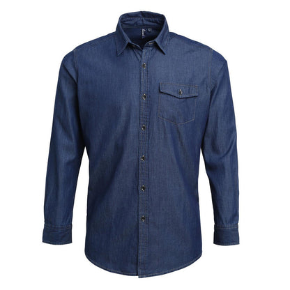 Indigo Denim - Front - Premier Mens Denim Jean Style Stitching Shirt
