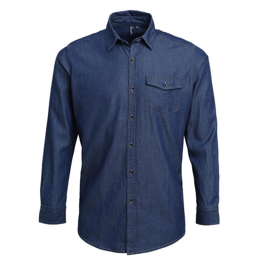 Indigo Denim - Front - Premier Mens Denim Jean Style Stitching Shirt