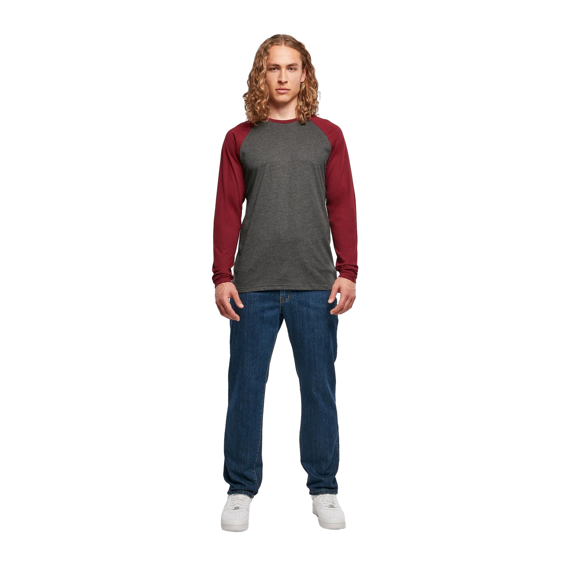 Charcoal-Cherry - Side - Build Your Brand Mens Contrast Raglan Long-Sleeved T-Shirt