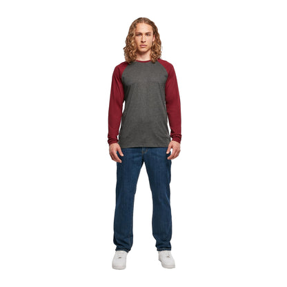 Charcoal-Cherry - Side - Build Your Brand Mens Contrast Raglan Long-Sleeved T-Shirt