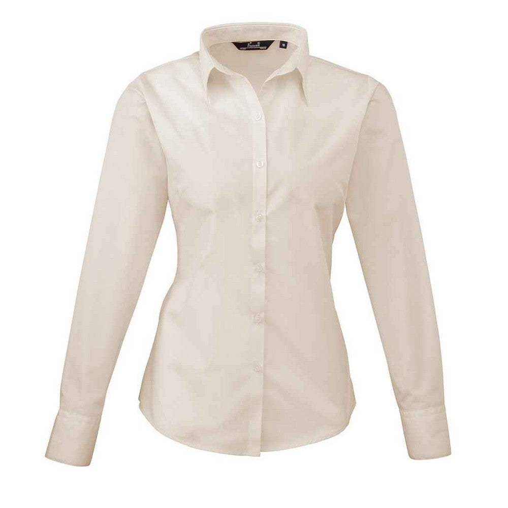 Pink - Front - Premier Womens-Ladies Poplin Long-Sleeved Blouse
