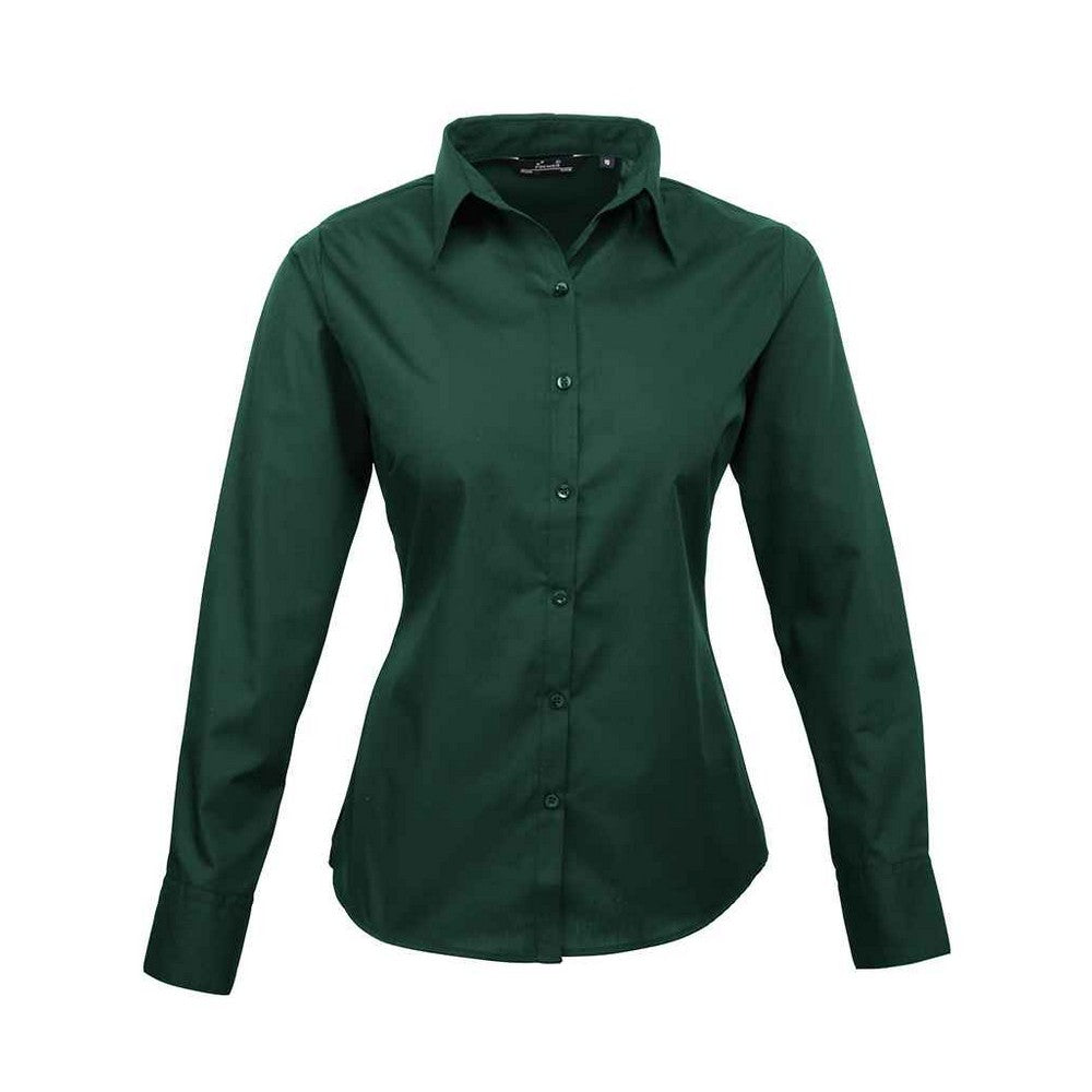 Bottle Green - Front - Premier Womens-Ladies Poplin Long-Sleeved Blouse