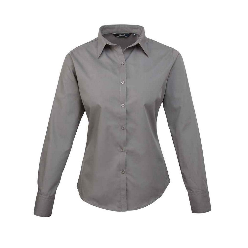 Hot Pink - Front - Premier Womens-Ladies Poplin Long-Sleeved Blouse