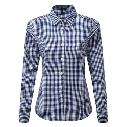 Navy-White - Front - Premier Womens-Ladies Maxton Checked Long-Sleeved Shirt