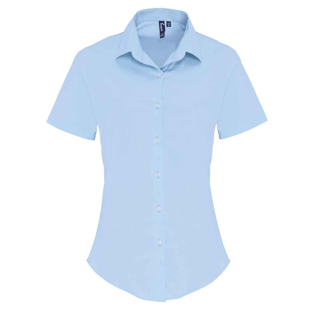 Pale Blue - Front - Premier Womens-Ladies Cotton Poplin Stretch Short-Sleeved Shirt