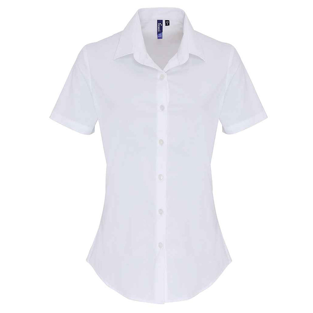 White - Front - Premier Womens-Ladies Cotton Poplin Stretch Short-Sleeved Shirt
