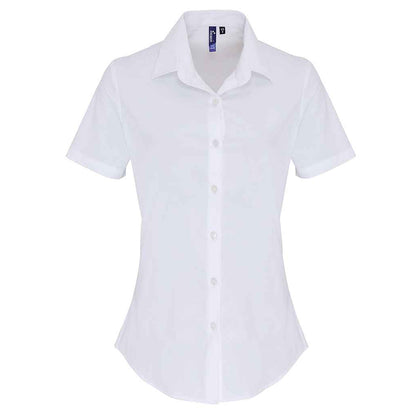 White - Front - Premier Womens-Ladies Cotton Poplin Stretch Short-Sleeved Shirt