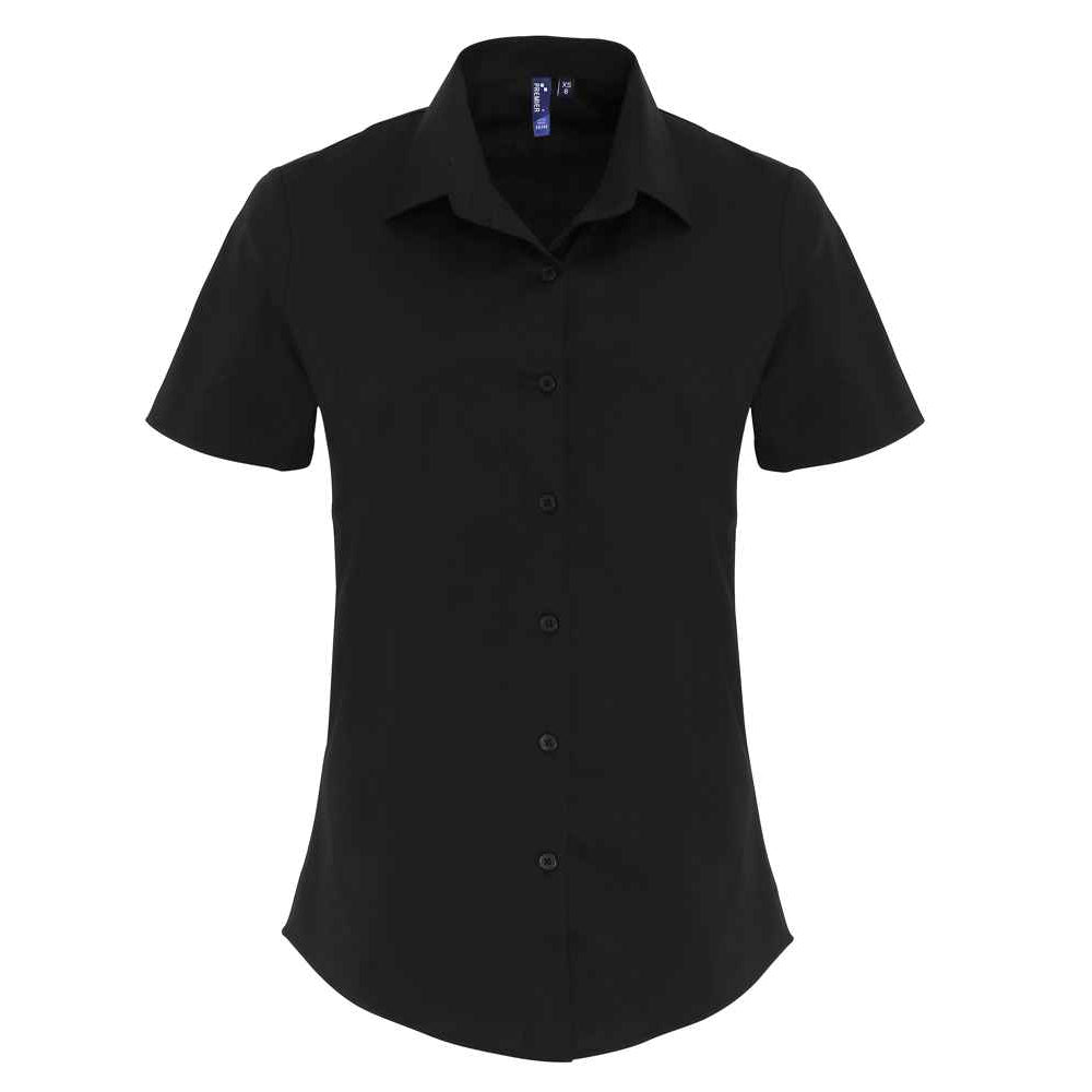 Black - Front - Premier Womens-Ladies Cotton Poplin Stretch Short-Sleeved Shirt