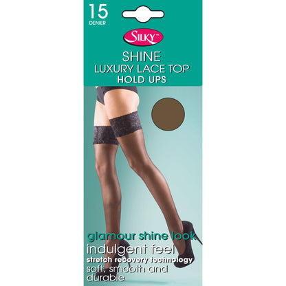 Nude - Front - Silky Womens-Ladies Shine Lace Top Hold Ups (1 Pair)