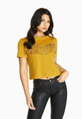 Mustard Yellow - Side - Girls On Film Womens-Ladies Rockferry Fringed T-Shirt