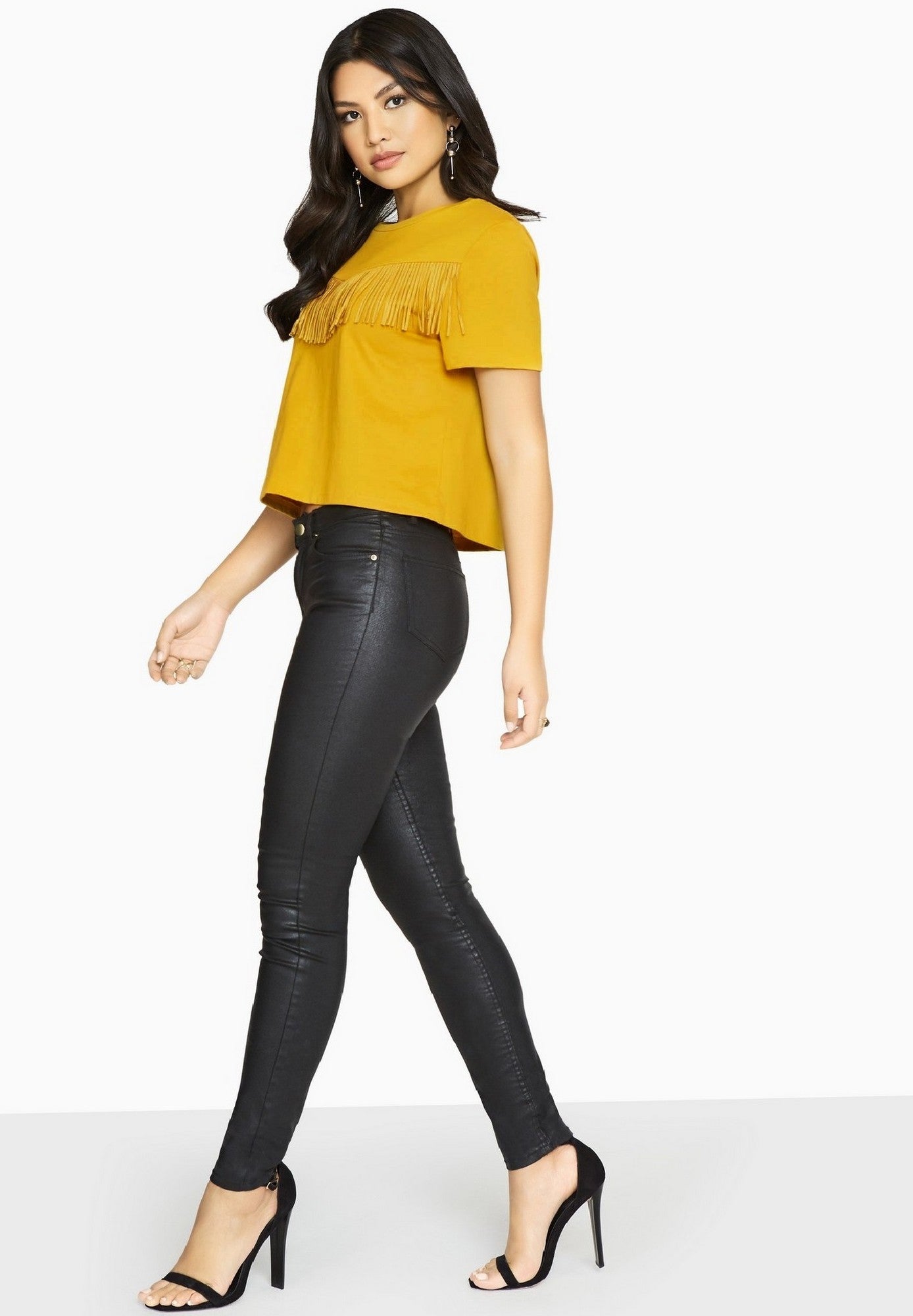 Mustard Yellow - Pack Shot - Girls On Film Womens-Ladies Rockferry Fringed T-Shirt