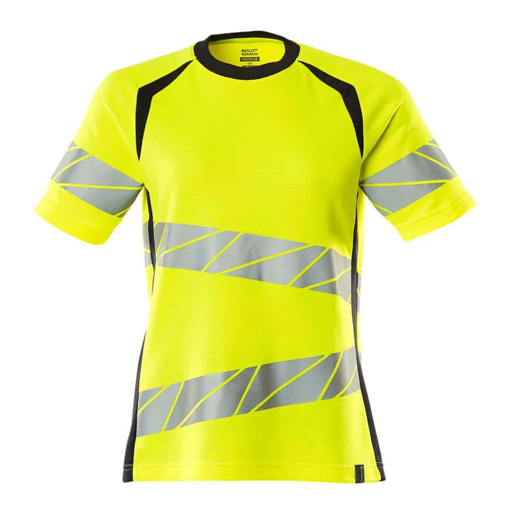 Hi Vis Yellow-Dark Navy - Front - Mascot Womens-Ladies Accelerate Safe Hi-Vis T-Shirt
