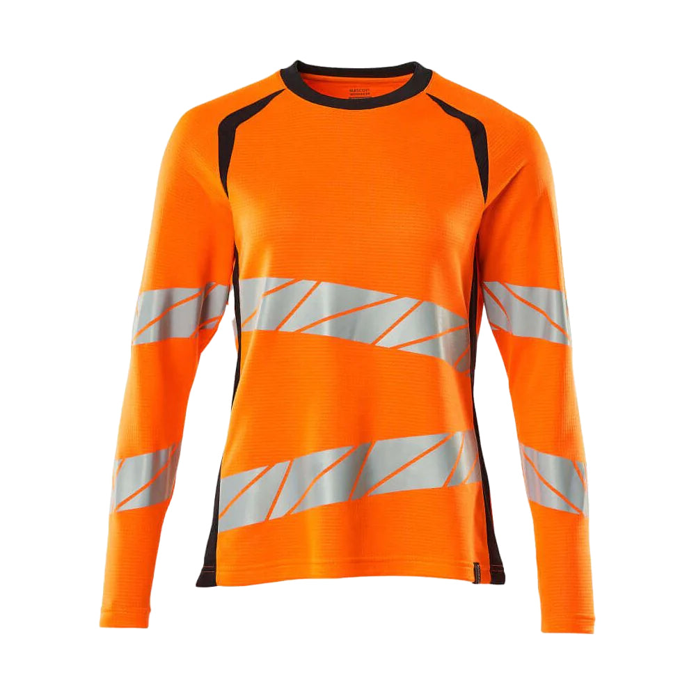 Hi Vis Orange-Dark Navy - Front - Mascot Womens-Ladies Accelerate Safe Hi-Vis Long-Sleeved T-Shirt