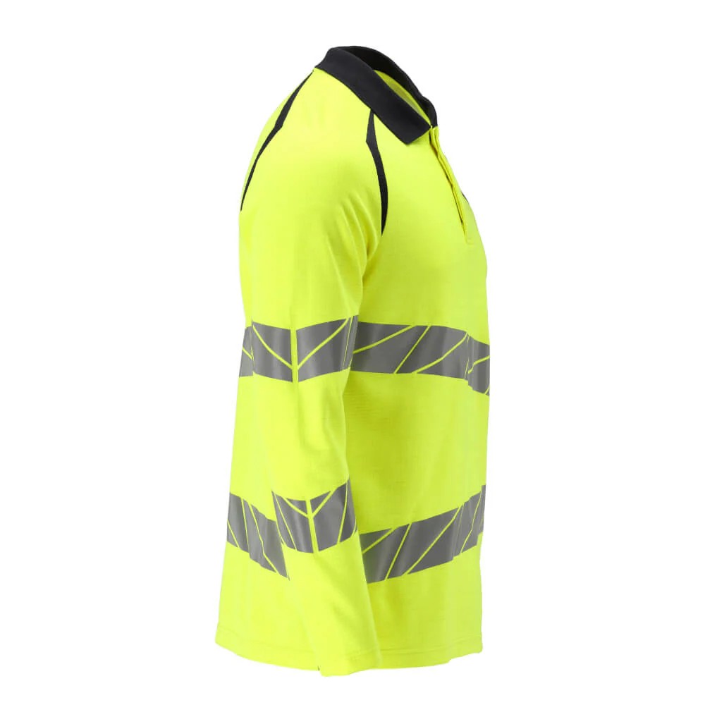 Hi Vis Yellow-Dark Navy - Back - Mascot Mens Accelerate Multisafe Reflective Tape Long-Sleeved Hi-Vis Polo Shirt