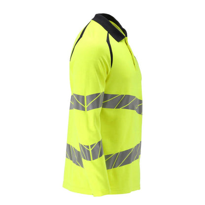 Hi Vis Yellow-Dark Navy - Back - Mascot Mens Accelerate Multisafe Reflective Tape Long-Sleeved Hi-Vis Polo Shirt