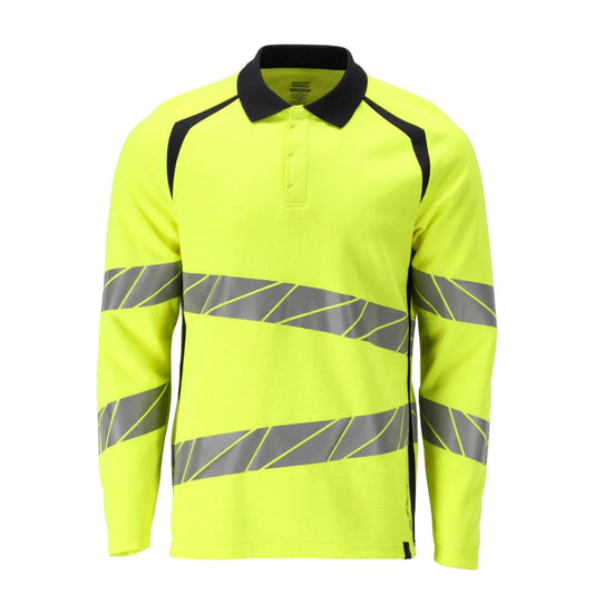 Hi Vis Yellow-Dark Navy - Front - Mascot Mens Accelerate Multisafe Reflective Tape Long-Sleeved Hi-Vis Polo Shirt