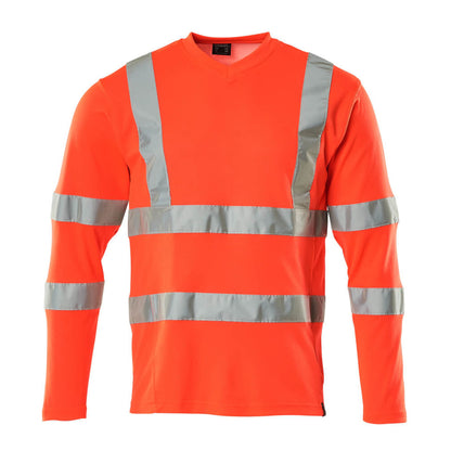 Hi Vis Red - Front - Mascot Mens Safe Classic V Neck Long-Sleeved Safety T-Shirt