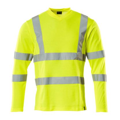 Hi Vis Yellow - Front - Mascot Mens Safe Classic V Neck Long-Sleeved Safety T-Shirt