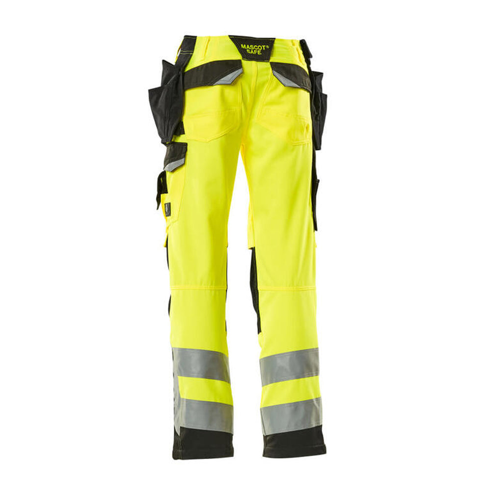 Hi Vis Yellow-Black - Back - Mascot Mens Safe Supreme Wigan Hi-Vis Holster Pocket Work Trousers