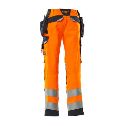 Hi Vis Orange-Dark Navy - Back - Mascot Mens Safe Supreme Wigan Hi-Vis Holster Pocket Work Trousers