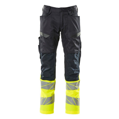 Dark Navy-Hi Vis Yellow - Front - Mascot Womens-Ladies Accelerate Safe Hi-Vis Knee Pad Pockets Work Trousers