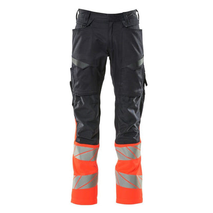 Dark Navy-Hi Vis Red - Front - Mascot Womens-Ladies Accelerate Safe Hi-Vis Knee Pad Pockets Work Trousers