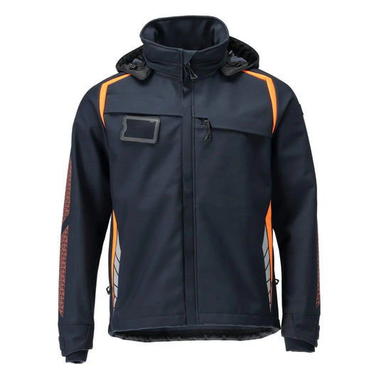 Dark Navy-Hi Vis Orange - Front - Mascot Mens Accelerate Safe Hooded Soft Shell Jacket