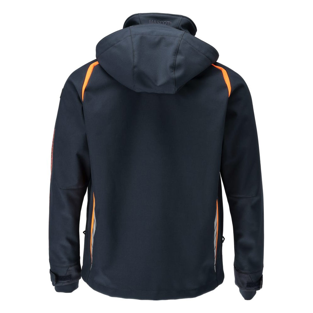 Dark Navy-Hi Vis Orange - Back - Mascot Mens Accelerate Safe Hooded Soft Shell Jacket