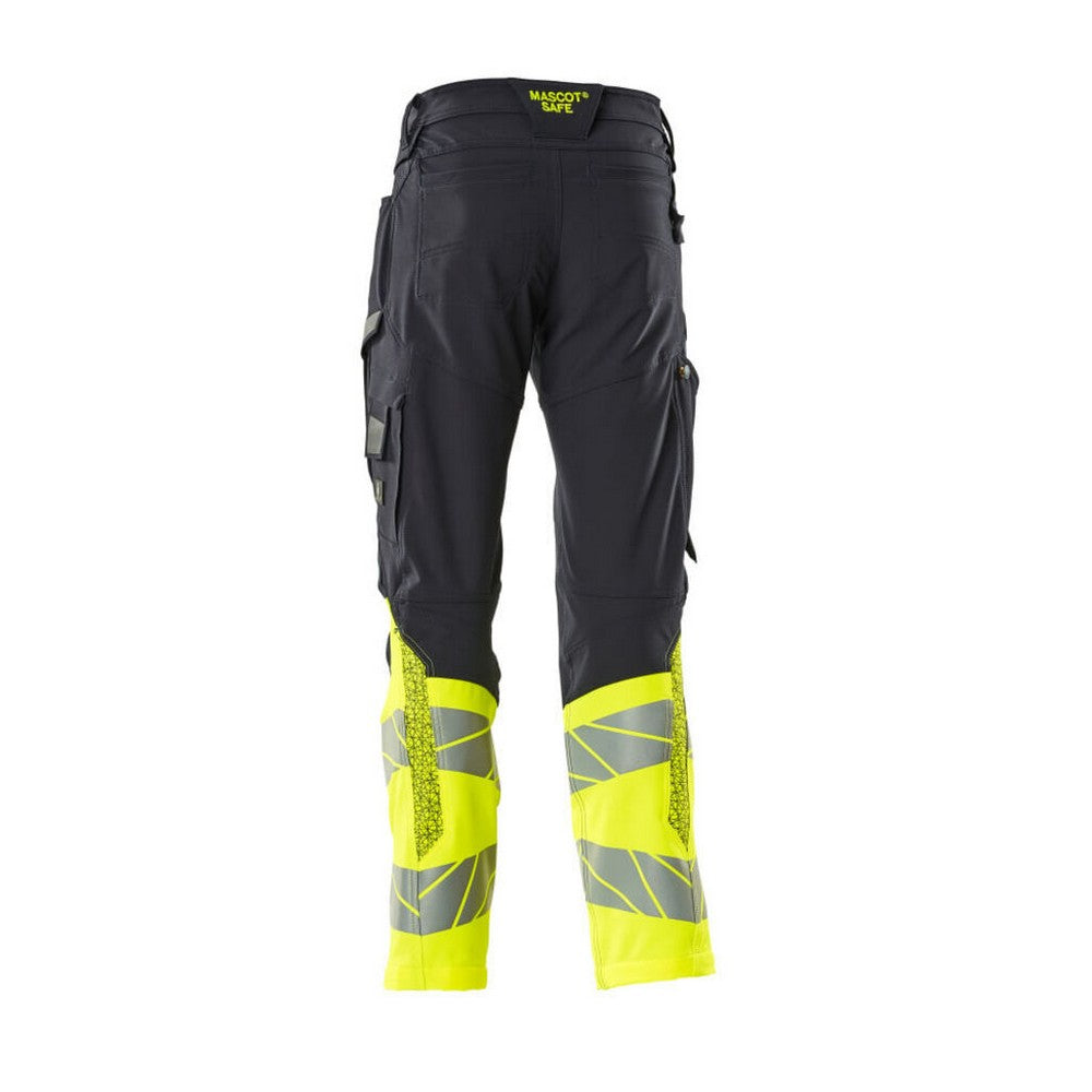 Dark Navy-Hi Vis Yellow - Back - Mascot Mens Accelerate Safe Hi-Vis Knee Pad Pockets Work Trousers