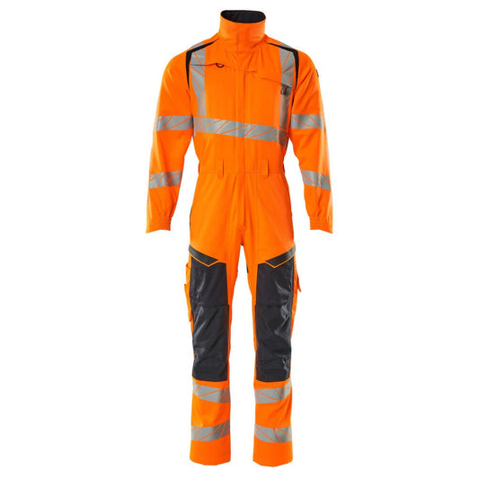 Orange-Dark Navy - Front - Mascot Mens Accelerate Safe Hi-Vis Knee Pad Pockets Work Overalls