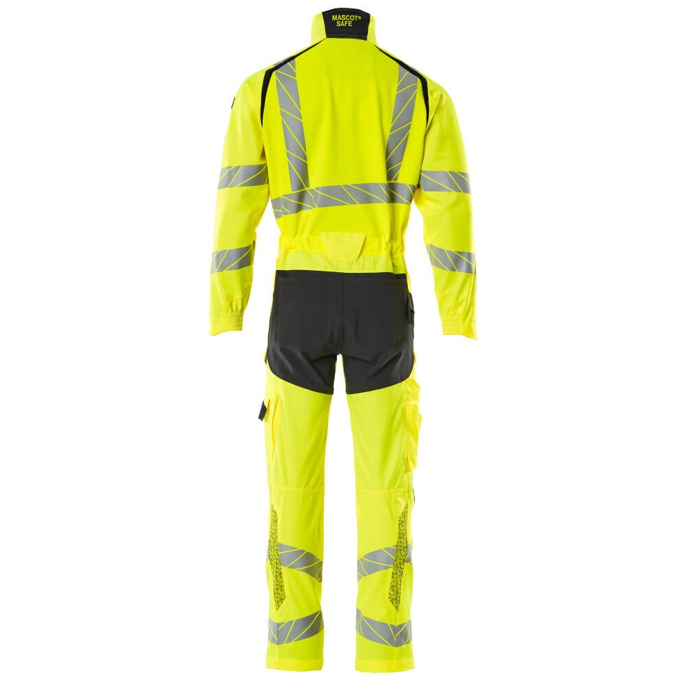 Yellow-Dark Navy - Back - Mascot Mens Accelerate Safe Hi-Vis Knee Pad Pockets Work Overalls