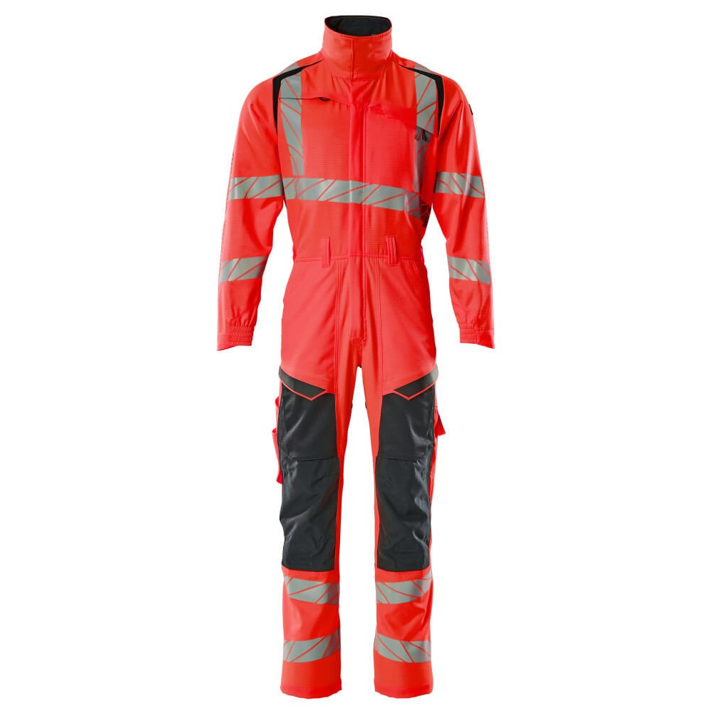 Red-Dark Navy - Front - Mascot Mens Accelerate Safe Hi-Vis Knee Pad Pockets Work Overalls