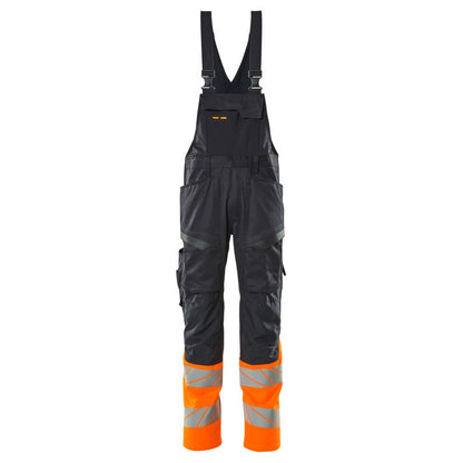 Dark Navy-Hi Vis Orange - Front - Mascot Mens Accelerate Safe Knee Pad Pockets Bib And Brace Overall