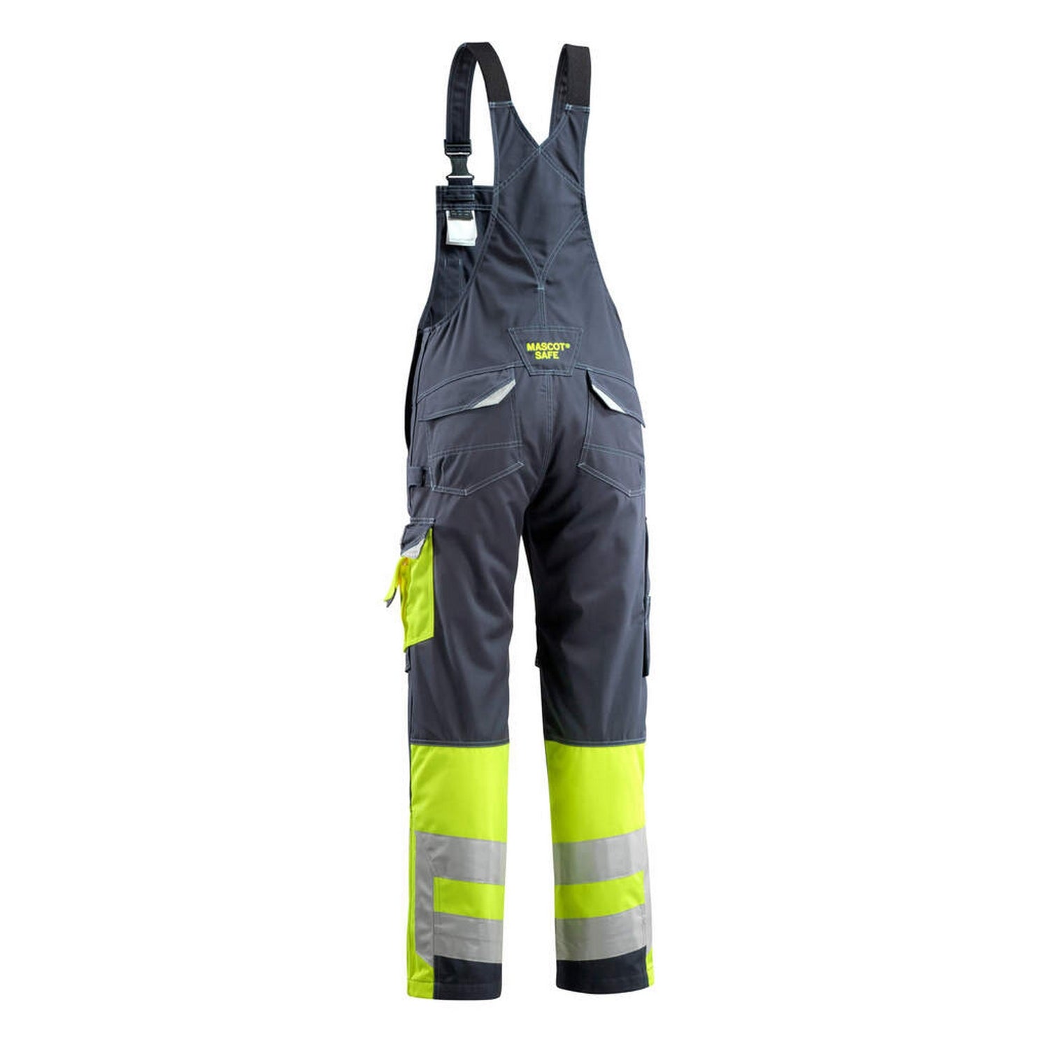 Dark Navy-Hi Vis Yellow - Back - Mascot Unisex Adult Safe Supreme Knee Pad Pockets Bib And Brace Overall