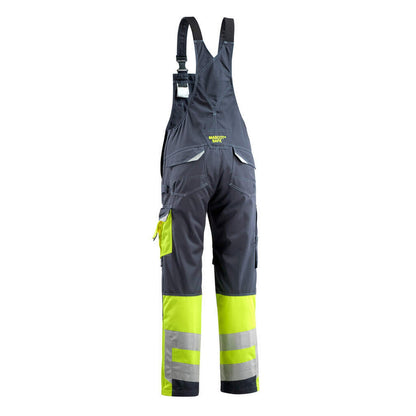 Dark Navy-Hi Vis Yellow - Back - Mascot Unisex Adult Safe Supreme Knee Pad Pockets Bib And Brace Overall
