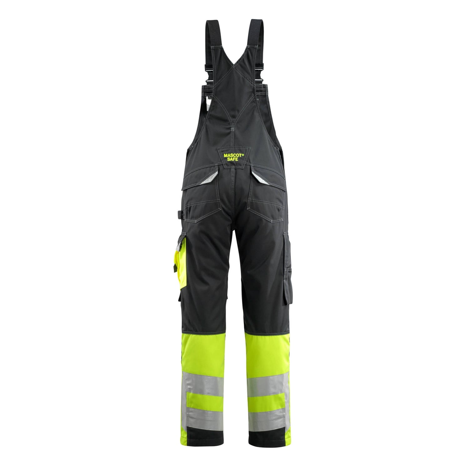 Black-Hi Vis Yellow - Back - Mascot Unisex Adult Safe Supreme Knee Pad Pockets Bib And Brace Overall