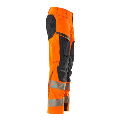 Hi Vis Orange-Dark Navy - Side - Mascot Mens Accelerate Safe Recycled Knee Pad Pockets Work Trousers