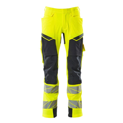 Hi Vis Yellow-Dark Navy - Front - Mascot Mens Accelerate Safe Recycled Knee Pad Pockets Work Trousers