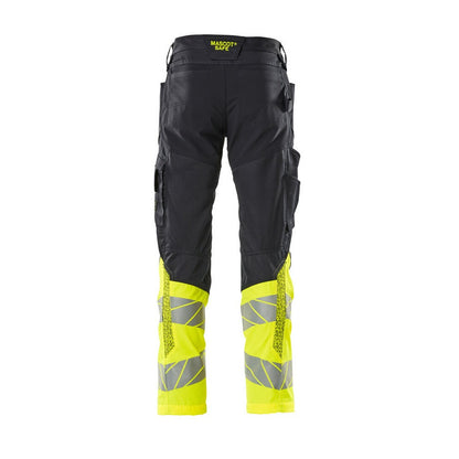 Dark Navy-Hi Vis Yellow - Back - Mascot Mens Accelerate Safe Hi-Vis Knee Pad Pockets Work Trousers