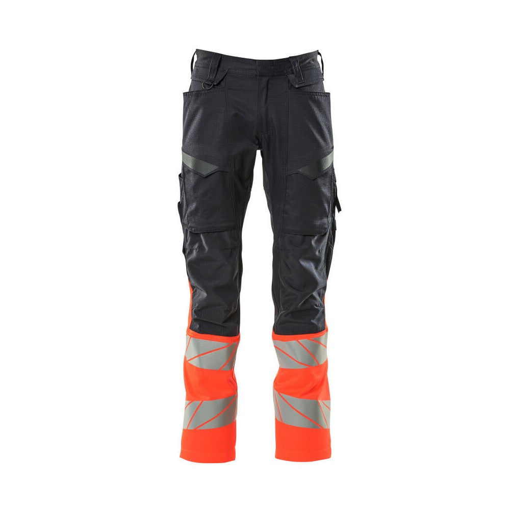 Dark Navy-Hi Vis Red - Front - Mascot Mens Accelerate Safe Hi-Vis Knee Pad Pockets Work Trousers